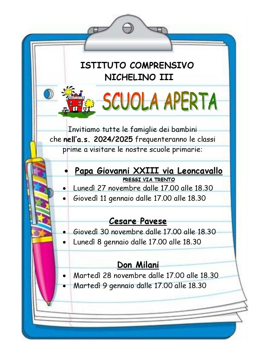 Open day alle scuole primarie “Don Milani”, “C. Pavese” e “Papa Giovanni XXIII”