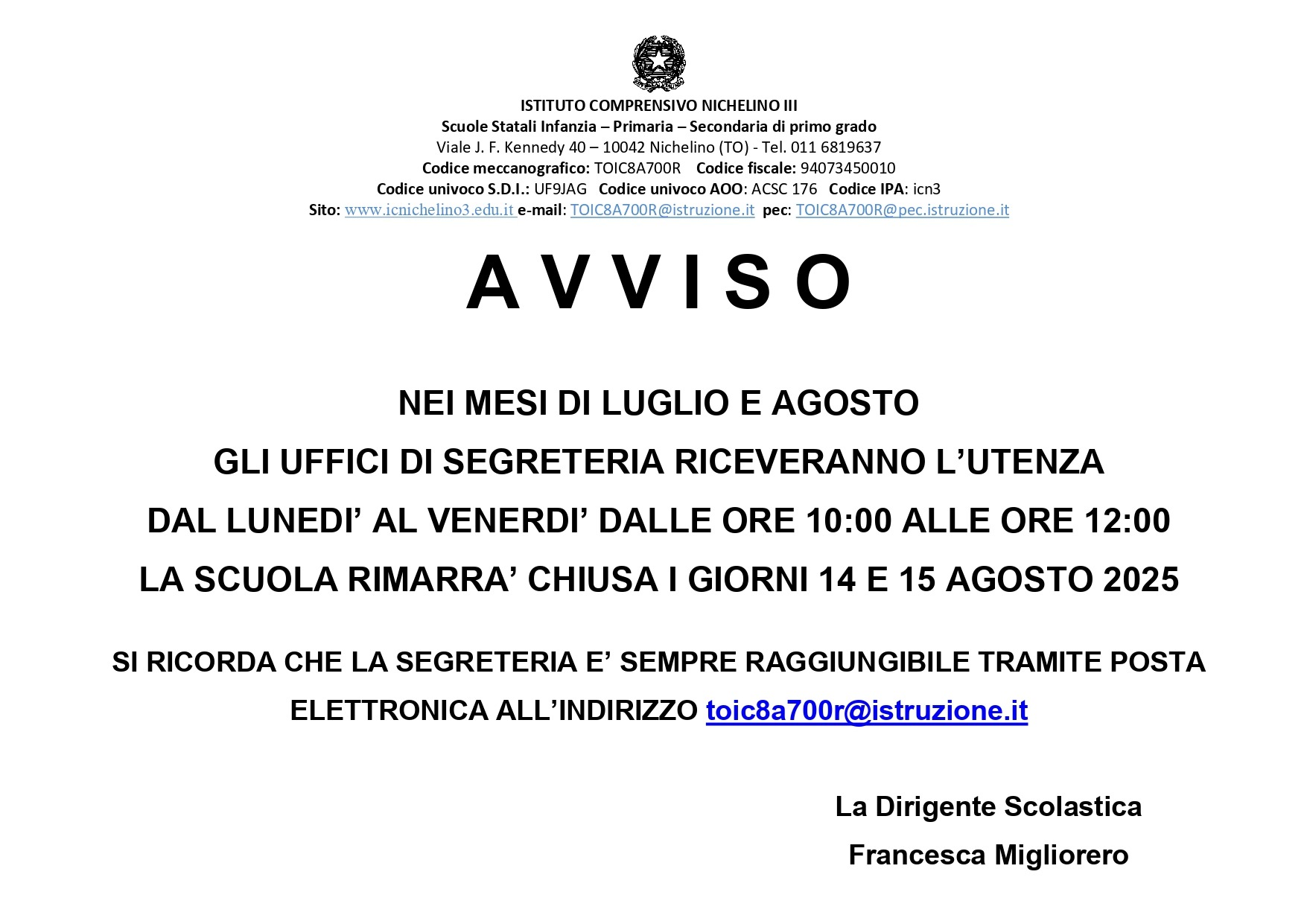 Orario estivo della segreteria